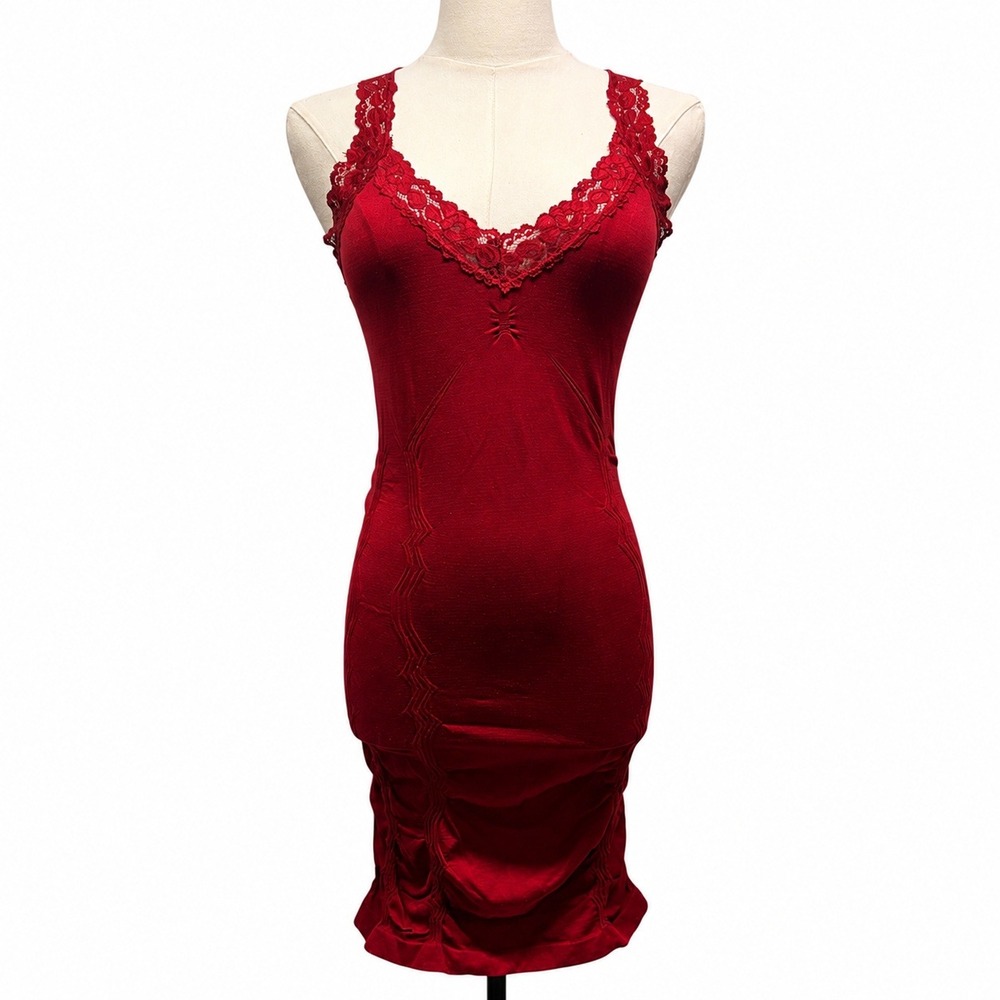 Shape FX Red Lace Trim Bodycon Slip Dress Size M Vamp Goth Shapewear